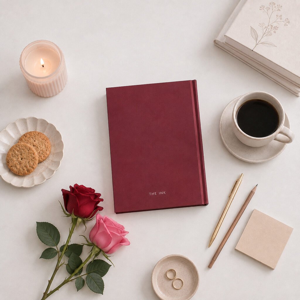 Love Thyself journal back cover styled with roses and coffee