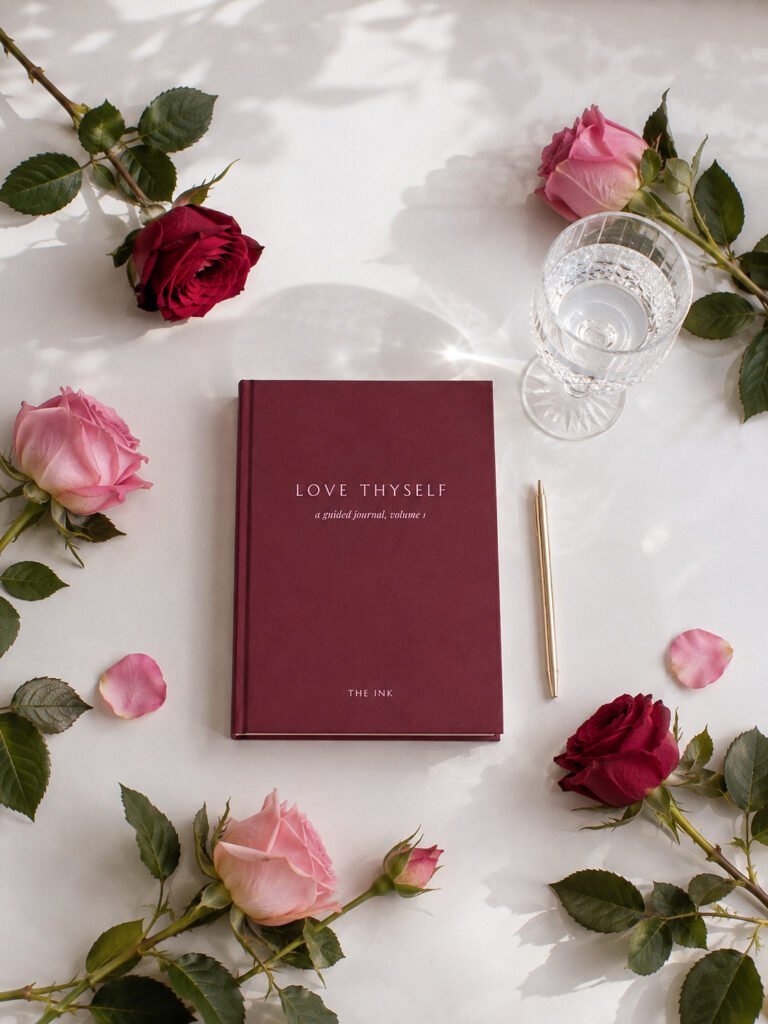 Love Thyself journal surrounded by roses and a crystal glass filled with water